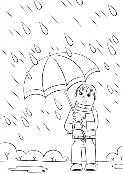 Boy with Umbrella coloring page image