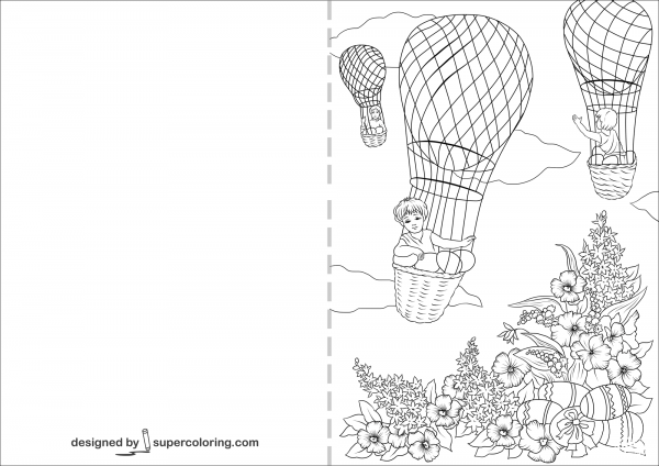 Boys are Rising to the Sky on Hot Air Balloons with Easter Eggs Card coloring page image