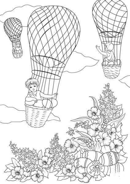 Boys are Rising to the Sky on Hot Air Balloons with Easter Eggs coloring page image