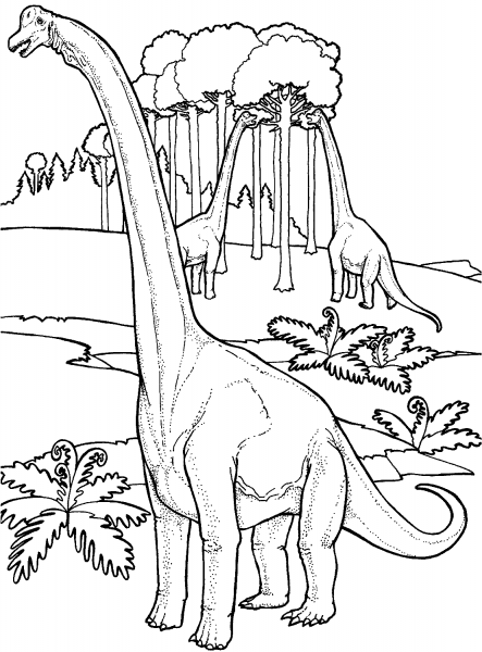 Brachiosauruses Near Tree coloring page image