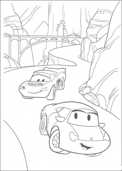 Bridge behind McQueen riding on a steep and curvy road coloring page image