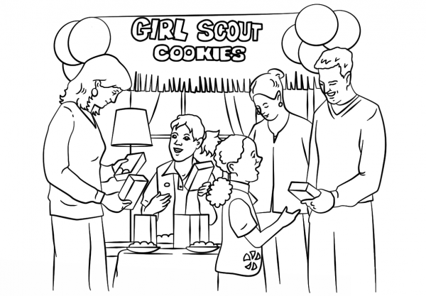 Brownie Girl Scouts Selling Cookies coloring page image