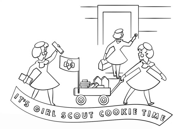 Brownie Girls Selling Cookies with Wagon coloring page image