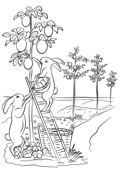 Bunnies are Decorating Trees with Easter Eggs coloring page image