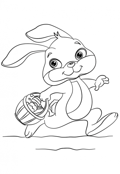 Bunny Running with Easter Eggs in a Basket coloring page image