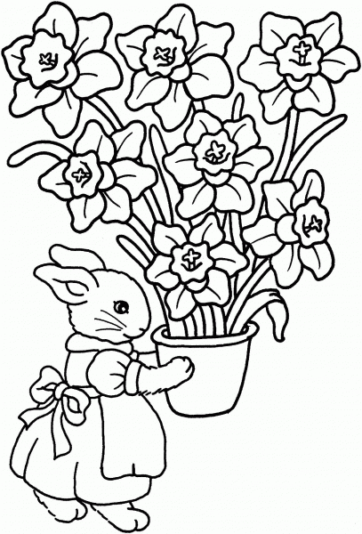 Bunny with Iris Vase coloring page image