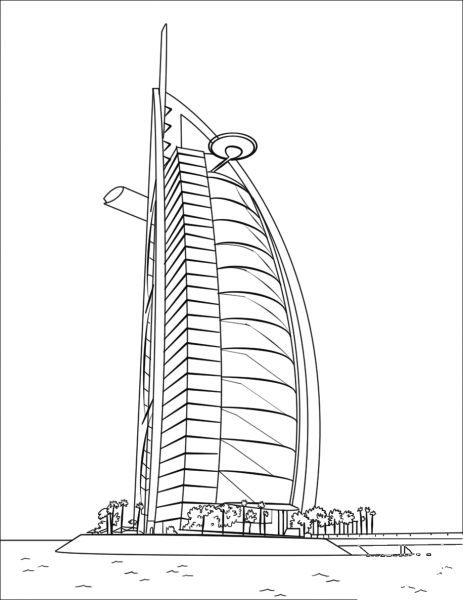 Burj Al Arab in Dubai coloring page image