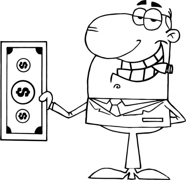 Businessman Shows a Big Dollar coloring page image