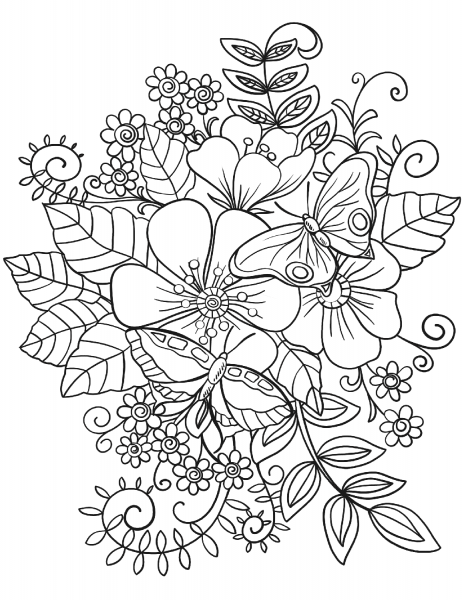 Butterflies on Flowers coloring page image