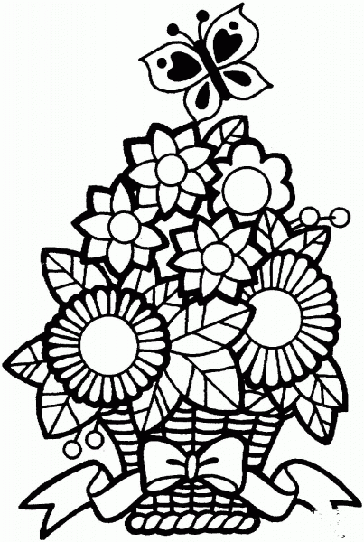 Butterfly And A Bucket Of Flower coloring page image