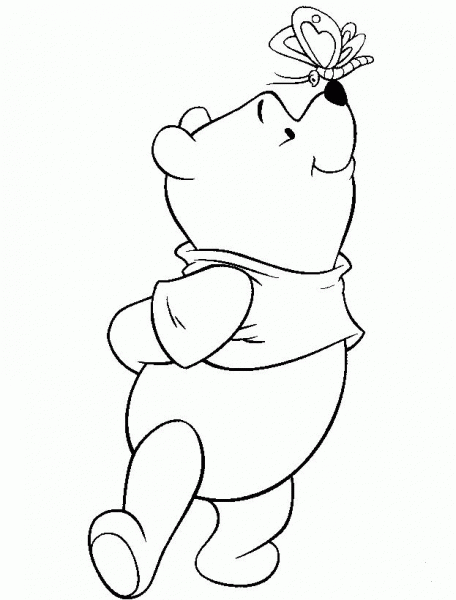 Butterfly on a nose of Pooh  coloring page image