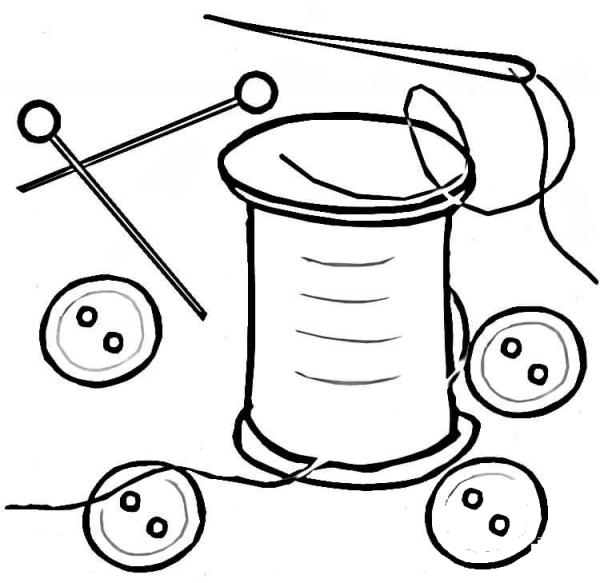 Buttons, a pin and a thread with a needle coloring page image