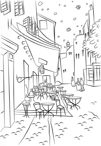 Cafe Terrace at Night by Vincent Van Gogh coloring page image
