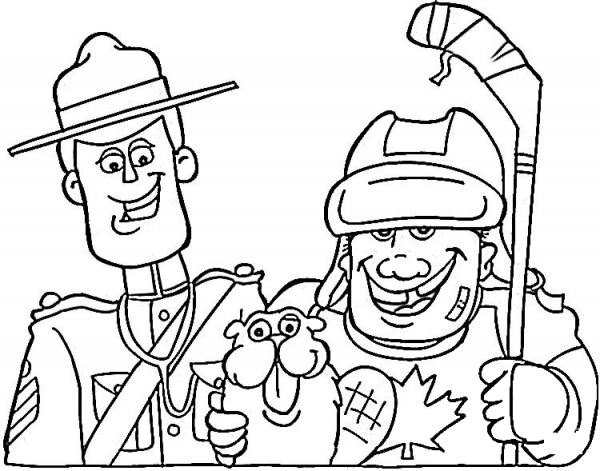 Canadian symbols: mounted police, beaver and hockey coloring page image