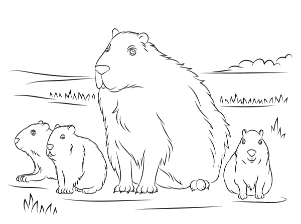 Capybara with Cute Babies coloring page image
