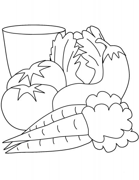 Carrots, Tomatoes, Eggplant and Salad coloring page image
