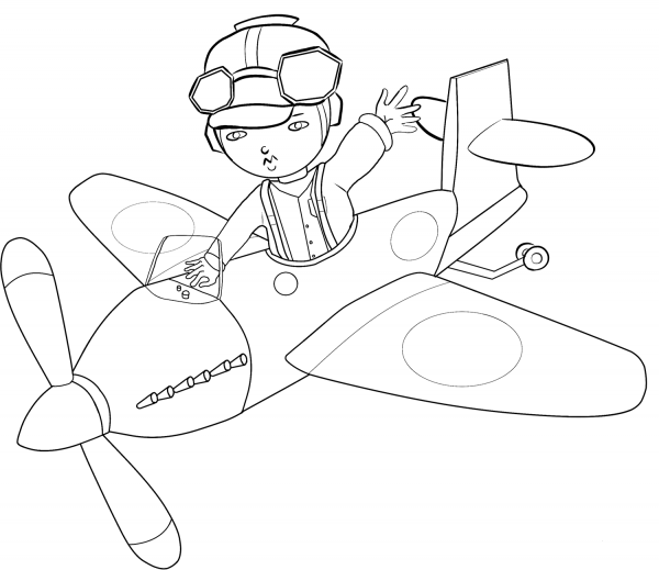 Cartoon Airplane with Boy Pilot coloring page image