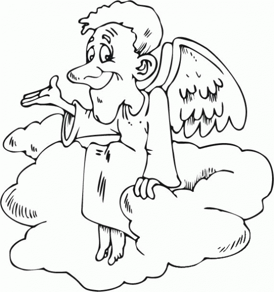 Cartoon Angel Sitting on a Cloud coloring page image