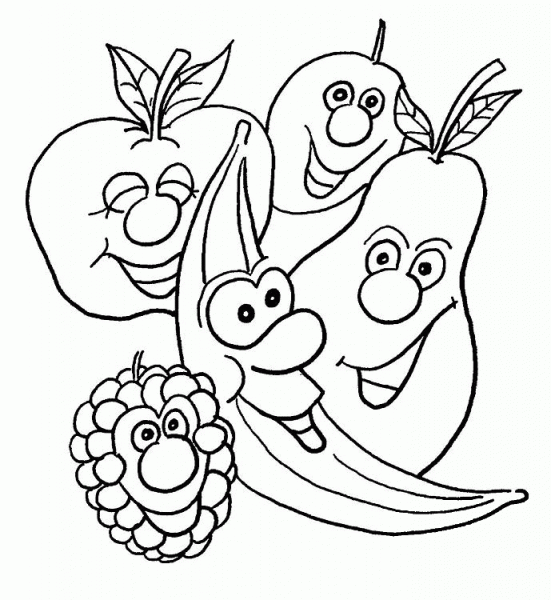 Cartoon Banana, Pear, Apple, Berry and Cherry coloring page image
