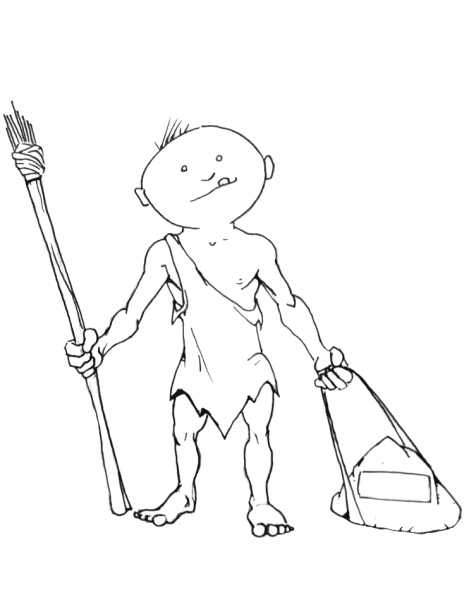 Cartoon Caveman with Torch and Stone coloring page image