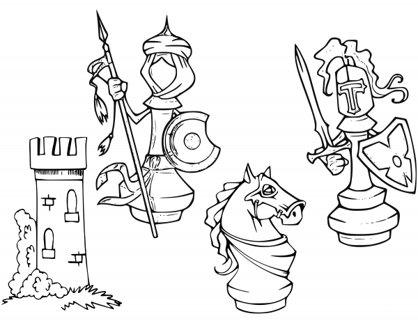 Cartoon Chess Pieces coloring page image
