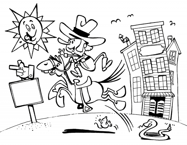 Cartoon Cowboy on Horse coloring page image