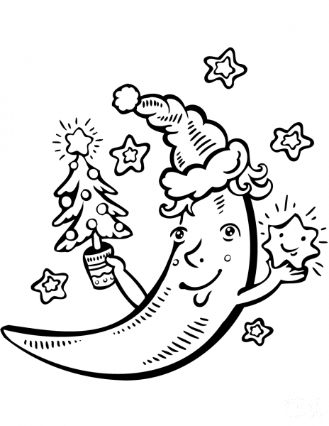 Cartoon Crescent Moon with Christmas Tree coloring page image