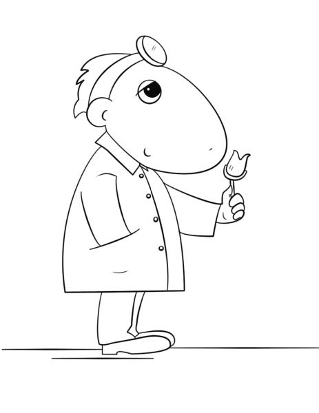 Cartoon Dentist Doctor with a Tooth in Clamps coloring page image