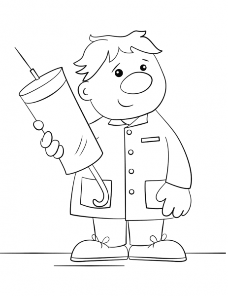 Cartoon Doctor with a Syringe coloring page image