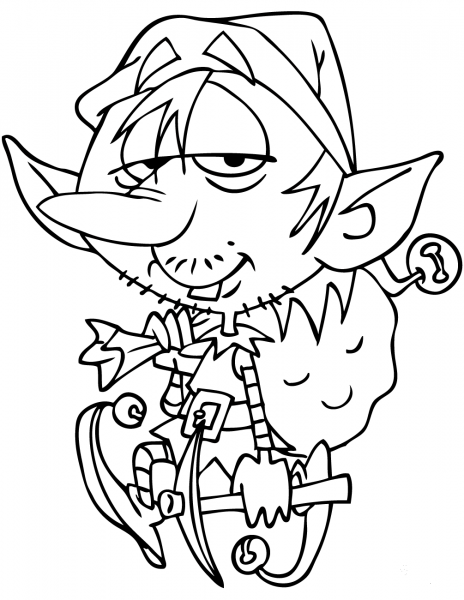 Cartoon Elf Carrying Santa Bag coloring page image