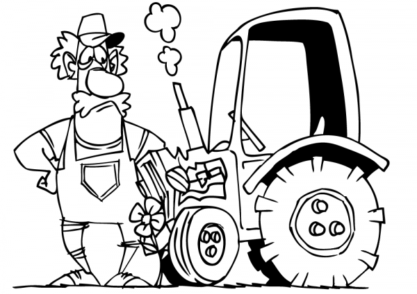 Cartoon Farmer and His Tractor coloring page image