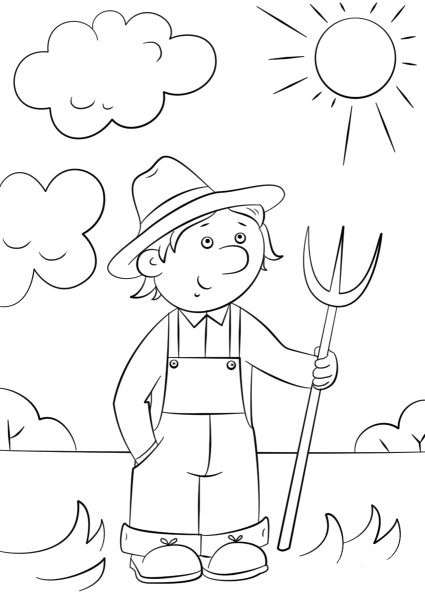 Cartoon Farmer with Pitchfork coloring page image