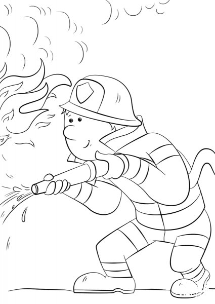 Cartoon Firefighter Sprays a Fire Hose coloring page image
