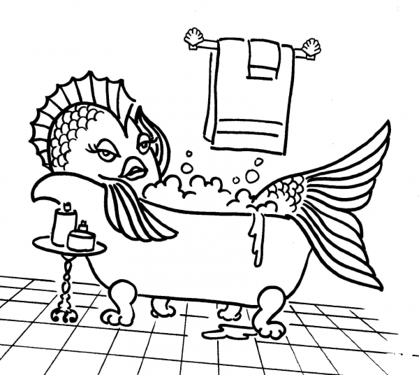 Cartoon Fish in the Tub coloring page image