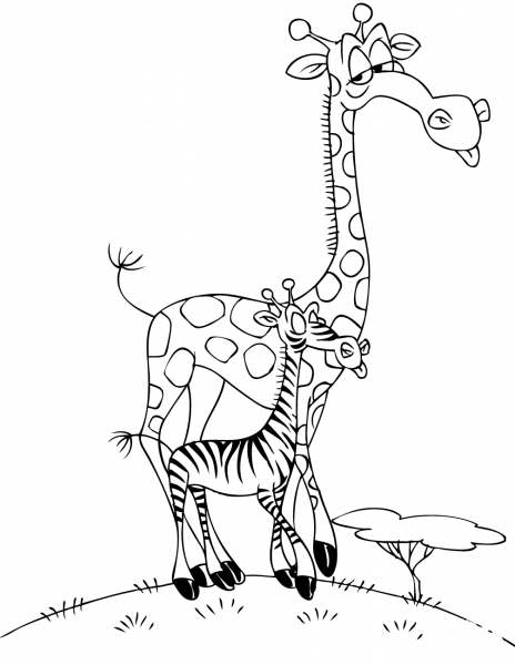 Cartoon Giraffe with a Zebra coloring page image