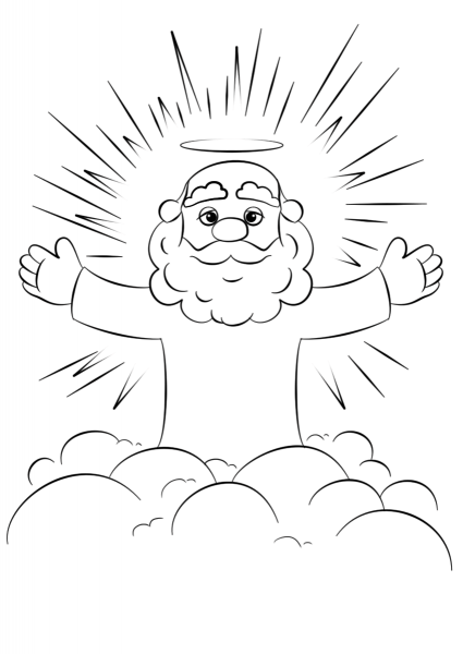 Cartoon God on a Cloud coloring page image