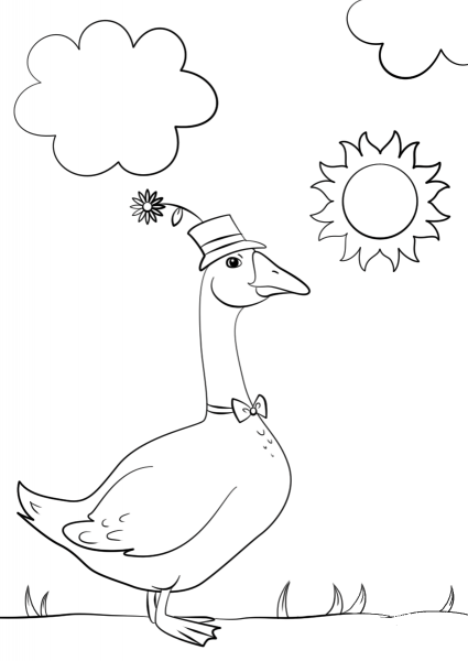 Cartoon Goose Wearing Hat and Bow Tie coloring page image