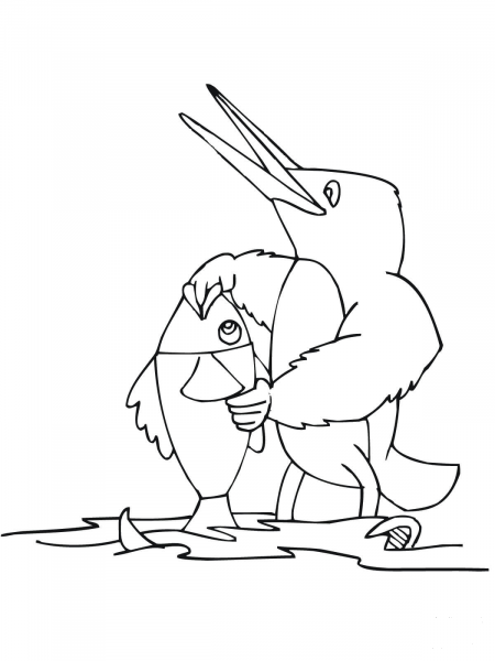 Cartoon Kingfisher with Fish coloring page image