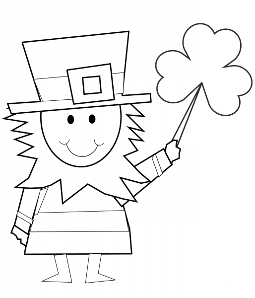 Cartoon Leprechaun with Shamrock coloring page image