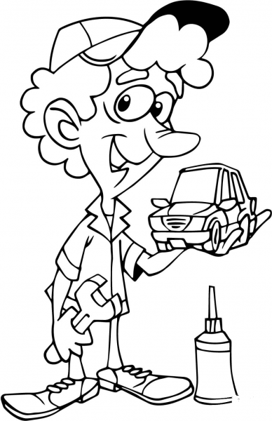 Cartoon Mechanic Holding Small Car coloring page image