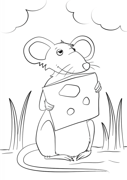 Cartoon Mouse Holding Cheese coloring page image