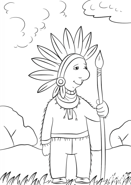 Cartoon Native American Chief coloring page image