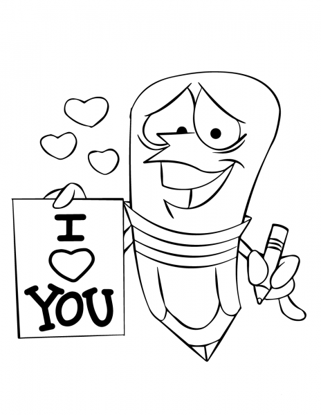 Cartoon Pencil Character Holding an “I Love You” Sign coloring page image