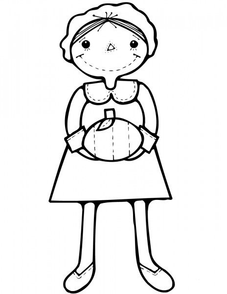 Cartoon Pilgrim Girl with Pumpkin coloring page image