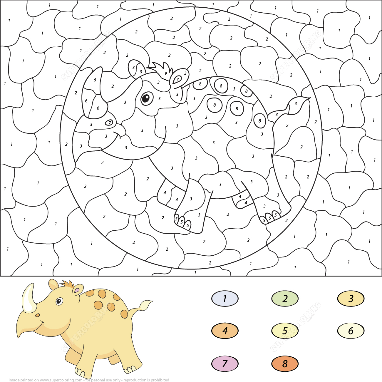 Cartoon Rhino Color by Number - ColouringPages