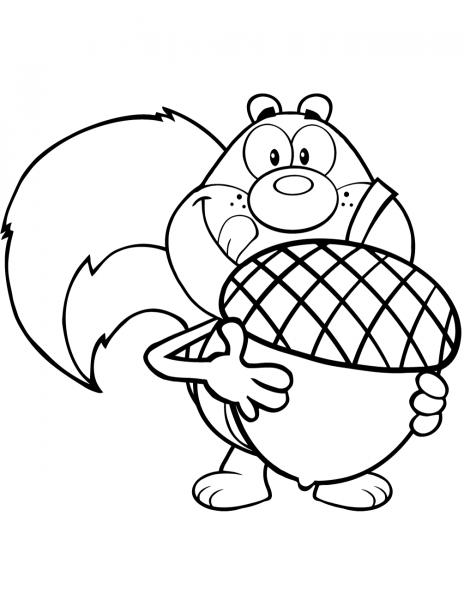 Cartoon Squirrel Holding a Big Acorn coloring page image
