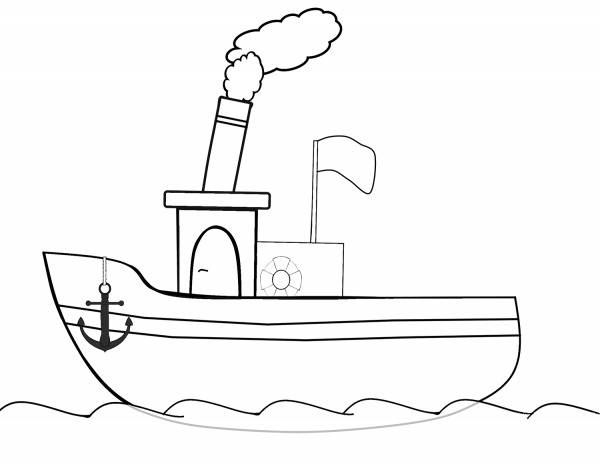 Cartoon Steamboat in the Sea coloring page image