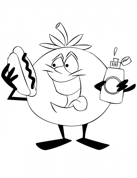 Cartoon Tomato Character Eating a Hotdog coloring page image