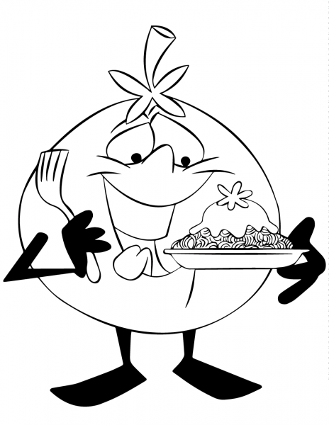Cartoon Tomato Character Eating Pasta coloring page image
