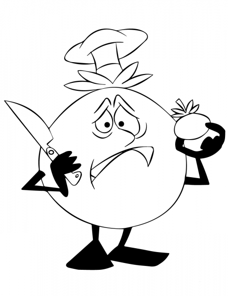 Cartoon Tomato Character Not Wanting to Cut a Tomato coloring page image